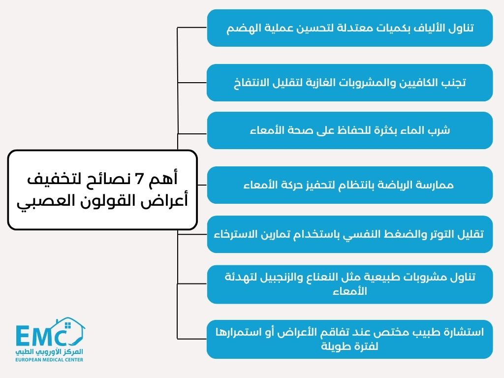 إنفوجراف بعنوان: "أهم 7 نصائح لتخفيف أعراض القولون العصبي"